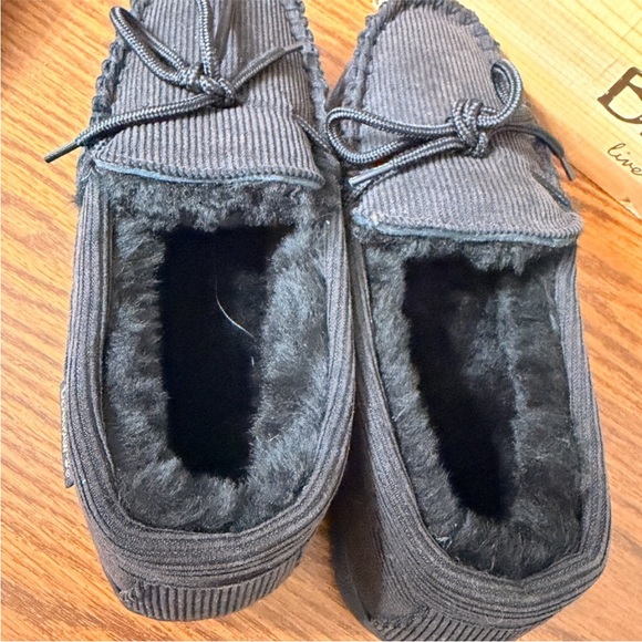 BEARPAW SUEDE FURRY MOCCASIN CORDUROY SLIPPERS BLACK SIZE 9 - Picture 5 of 5